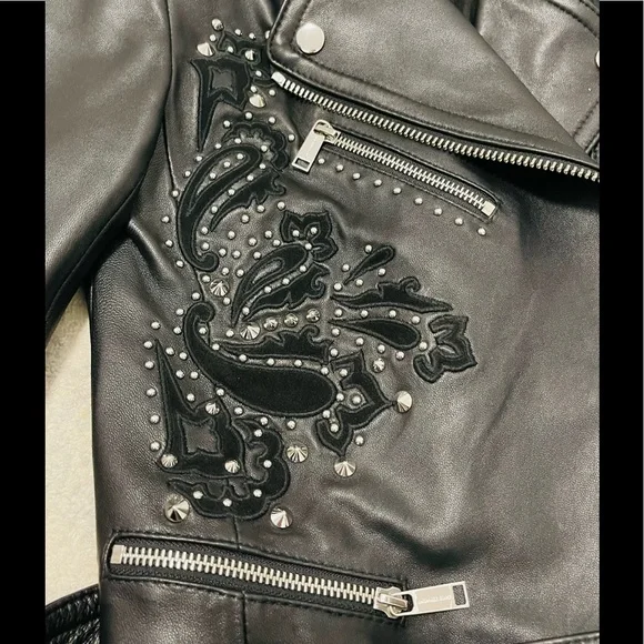 Like New MICHAEL Michael Kors Studdded Belt Biker Jacket 100% Real Lamb Leather - Picture 9 of 14